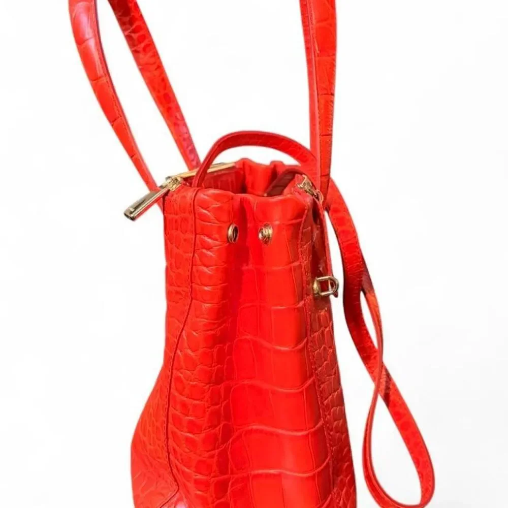 Furla Orange Croc Embossed Leather Satchel Top Handle Crossbody Bag Italy